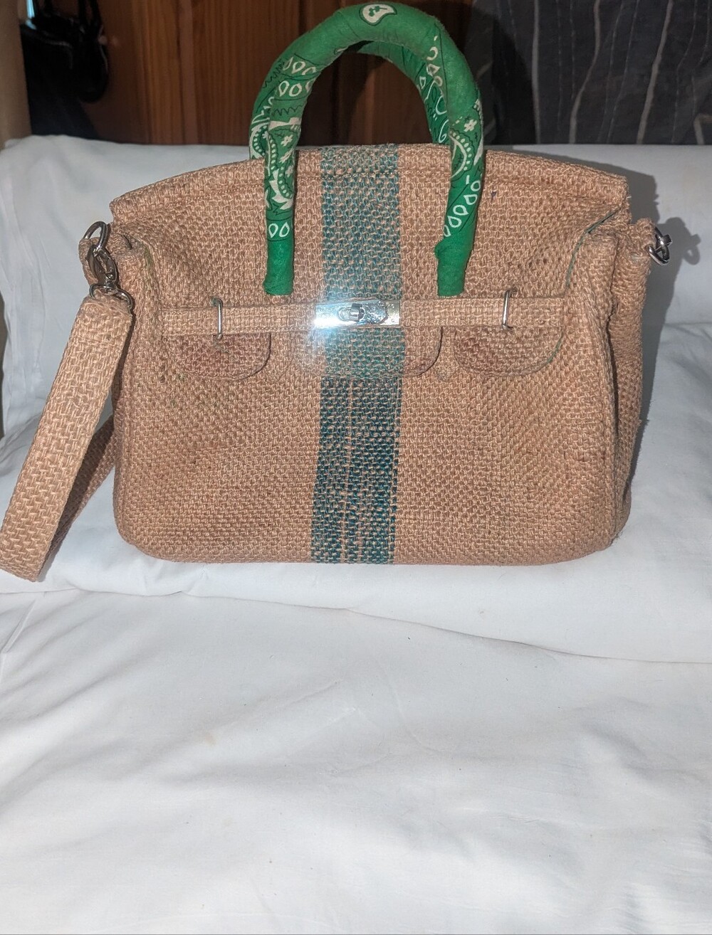 Woven Paris Jute Burlap Satchel Bag with Green Bandana Wrapped Handles Accent